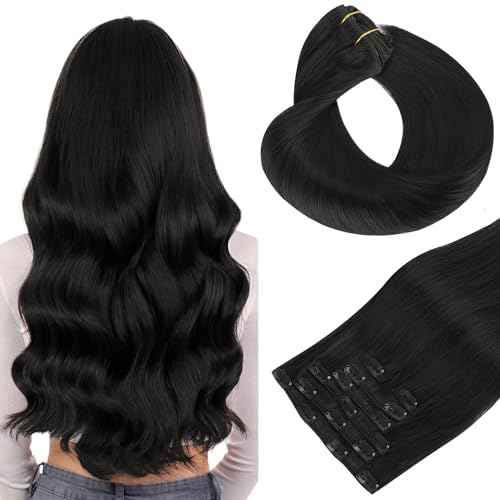 HOTBANANA Human Hair Clip in Hair Extensions, Natural Black 120g Clip in Hair Extensions Real Human Hair Straight Remy Hair 20 Inch 7pcs