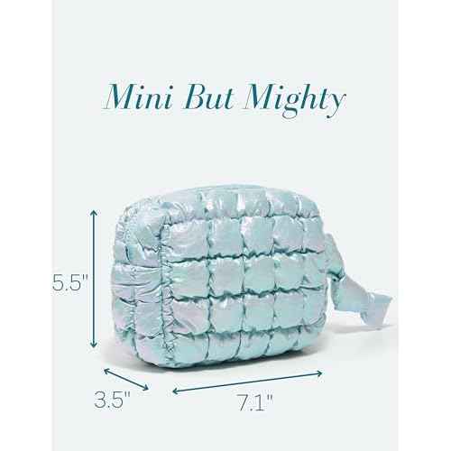 Yarnic Quilted Makeup Bag Puffy Cosmetic Bag, Quilt Travel Toiletry Bag Puffer for Women, Cute Makeup Bag Organizer Soft Cosmetic Pouch (Iridescent Blue, S)