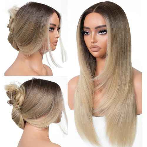 Ombre Blonde Wear and Go Glueless Wigs Pre Plucked Pre Cut for Beginners Synthetic Lace Front Wigs With Bangs Blonde Long Layered Straight Wigs 26 Inch 3 Seconds to Wear for Beginners