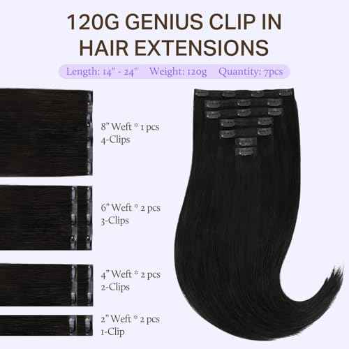 DOORES Seamless Clip in Hair Extensions Real Human Hair, Jet Black 120g 16 Inch 7pcs, Genius Extensions Clip in Straight Hair Remy Natural Weft Invisi Edge PU Weft