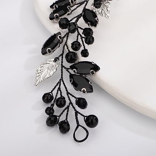 Teyglen Bride Wedding Hair Vine Bridal Silver Leaf Crystal Headband Handmade Blue Red Black Rhinestone Pearl Hair Pieces Black Headpieces Hair Accessories for Bride Women Girls (Black)