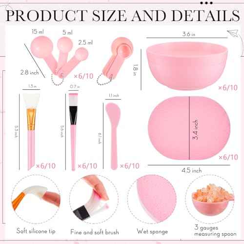 60 Pcs Spa Party Supplies for Women Pink Facial Mask Bowl Set with Facial Mask Bowls Spatula Brush Puff Measuring Scoop Basin Mirror Air Cushion Comb Headband Spa Birthday Party Favor
