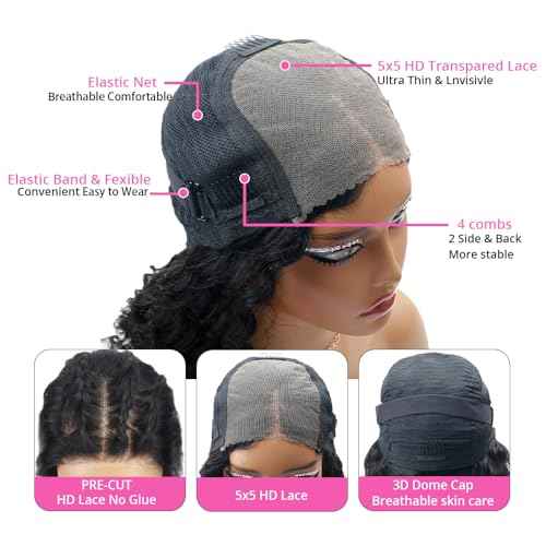 Glueless Wigs Human Hair Pre Plucked Pre Cut 250% Density 5x5 Deep Wave Lace Closure Wigs Human Hair Wear and Go Glueless Wigs Brazilian Virgin Human Hair Wigs (#1B,20Inch)