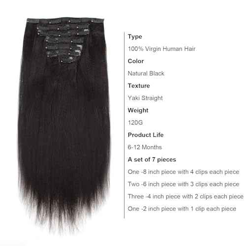 ABH AMAZINGBEAUTY HAIR Yaki Straight Clip in Human Hair Extension Virgin Real Remy Thick Hair Natural Black Double Wefts for African American Black Women 7 Pieces 120 Gram Per Set, 26 Inch