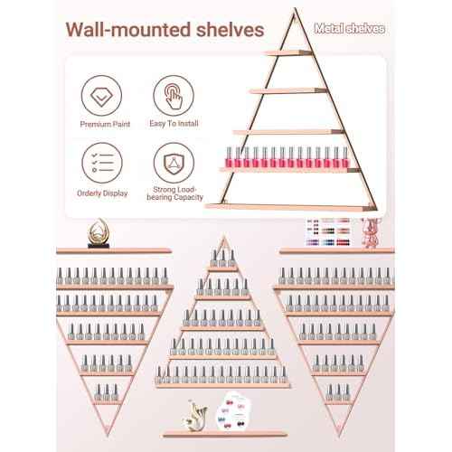 EBANKU Metal Wall-mounted Nail Polish Storage Racks 5 Tiers Triangular Display Rack Cosmetic Display Cases Lipstick Perfume Wall Shelf Essential Oil Organizers for Home Spa Nail Salon Shop (Rose Gold)
