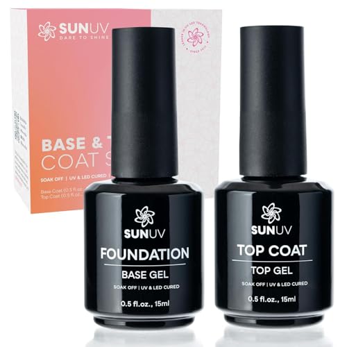 SUNUV 15ml Gel Top Coat and Base Coat Set, Hema Free Gel Nail Polish Kit 2 Pack, Art Manicure UV Nail Lamp No Wipe High Gloss Gifts for Women