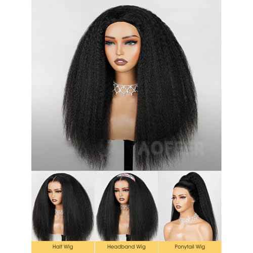 Kinky Straight 3 in 1 Half Wig Human Hair 200 Density Upgrade Headband Wig No Glue Seamless Flip Over Yaki Straight Wig with Drawstring Wear and Go Glueless Wigs for Women 18 Inch