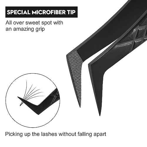 Ms.Queen Lash Tweezers for Eyelash Extensions,Set of 5,Fiber Tip Curved 45 90 Degree and L-Shape Boot Lash Tweezers for Mega Volume & Classic Lashes,Black