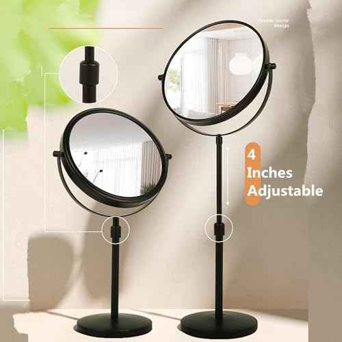 Height Adjustable Makeup Mirror 8 Inch Double-Sided 7X Magnification, Black Magnifying Makeup Mirror Round Tabletop Mirror Tall, Countertop Standing Cosmetics Black Finish