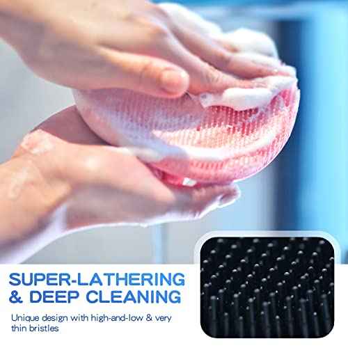 Manmihealth 3 PCS Soft Silicone Shower Brush, Super-Lathering and Deep-Cleaning Silicone Body & Face Scrubber, Gentle Exfoliating Bath Glove for All Skin Types with Free Hooks (Black +Gray+ Pink)