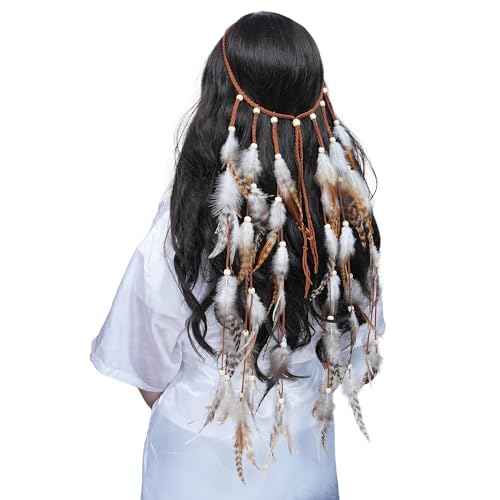 AWAYTR Feather Headband Women Festival Headwear Bohomia Feather Rope Crown Headdres For girls (White + Brown)