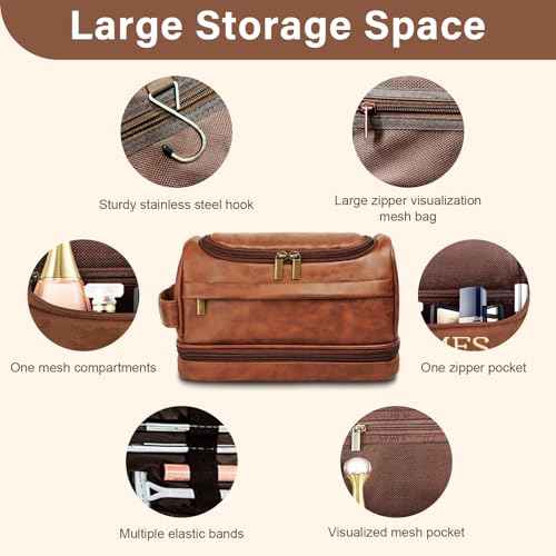 Toiletry Bag for Men, Large Leather Travel Essentials Shaving Kit, Water Resistant Bathroom Toiletries Organizer Cosmetic Bags, Gifts for Men, Him, Father, Dad, Husband, Son, Boyfriend, Grandpa