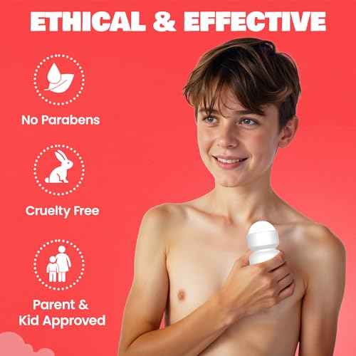 Fresh Kidz Roll On Deodorant for Kids and Teens - Baking Soda and Aluminum-free 24 Hour Protection for Sensitive Skin - Boys "Red" 1.86 fl.oz. (3 Pack)