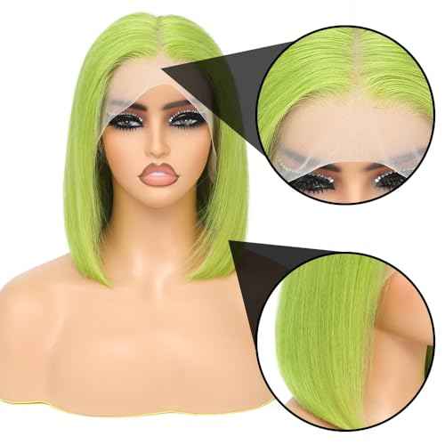 Green 13x4 Bob Straight Lace Front Wigs Human Hair 180 Density UHD Transparent Lace Front Wigs Human Hair Pre Plucked Pre Cut Lace Glueless Wig Virgin Colored HumanHair Wigs For Women 14Inch