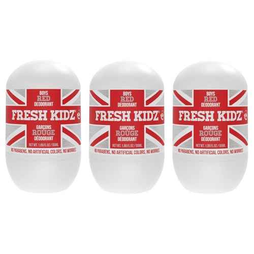 Fresh Kidz Roll On Deodorant for Kids and Teens - Baking Soda and Aluminum-free 24 Hour Protection for Sensitive Skin - Boys "Red" 1.86 fl.oz. (3 Pack)