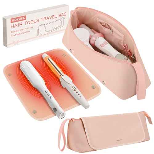 MOKURA Hot Hair Tools Travel Bag with Heat Resistant Mat, Women Hair Accessories Organizer Case, Storage Pouch for Curling Iron Straightener Flat Iron, Stocking Stuffers for Women, Gifts for Mom, Pink