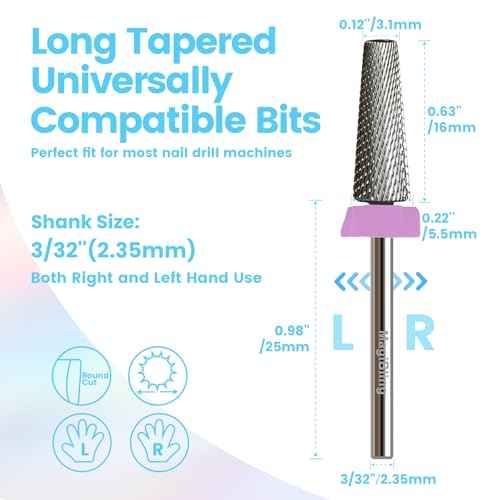 16mm 5 in 1 Tapered Barrel Nail Drill Bits, 3/32'' Safety Tungsten Carbide Bits for Professionals, Right & Left Rotation, Manicure Cuticle Gel Acrylic Removal Polishing, Technicians Bits, Double Fine.