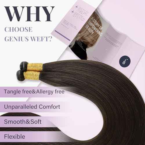 Fshine Genius Weft for Women Darkest Brown 20 Inch 60g Remy Human Extensions Human Bundle Natural Straight Long Weave One Piece Genius Weft