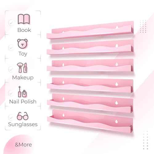 YMVV 6 Pack Nail Polish Wall Mounted Shelf,15 Inch Nail Polish Floating Shelves for 66-90 Bottles Multi-Purpose,Ideal Gift, Great Display for Salons Retailers,Pink