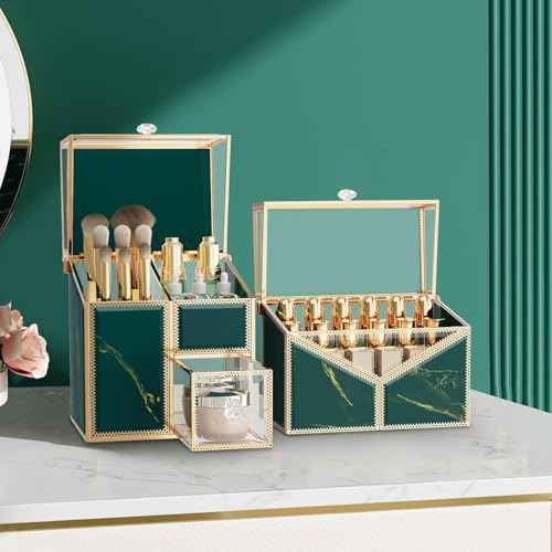Makeup Organizer Countertop Set ? Vanity Holder with 18-Slot Lipstick Organizer & Covered Makeup Brush Holder ? Skincare, Perfume & Cosmetic Display for Bathroom or Dresser