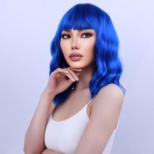 WTHCOS Blue Wig Short Curly Wig with Bangs Dark Blue Wig for Women Short Wave Wig Synthetic Wigs for Cosplay Costume Party with Wig Cap