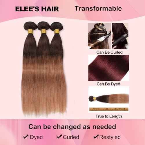 12A Ombre Human Hair Bundles with Closure 2 Tone Ombre 100% Unprocessed Brazilian Virgin Remy Human Hair Straight Human Bundles with Lace Closure Free Part (16 18 20 +14)