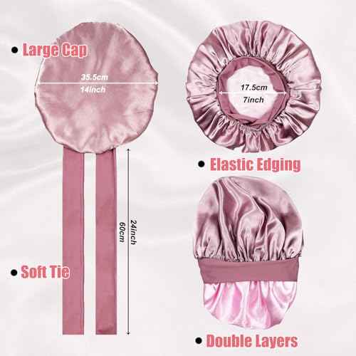 LuxeLouise Satin Bonnet for Sleeping Silk Hair Bonnet for Sleeping Women Double Layer Silk Hair Wrap Sleep Bonet Satin Bonnets for Curly Hair and Braids (Cameo Pink)