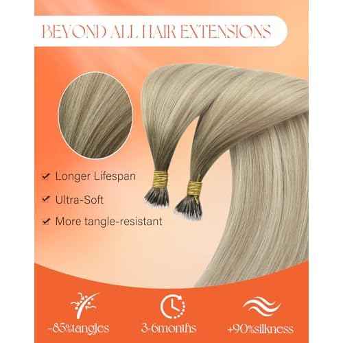Sunny Hair Nano Hair Extensions Human Hair Ash Blonde Ombre Platinum Blonde Nano Tip Hair Extensions Real Human Hair 24inch Nano Bead for Wedding 50g