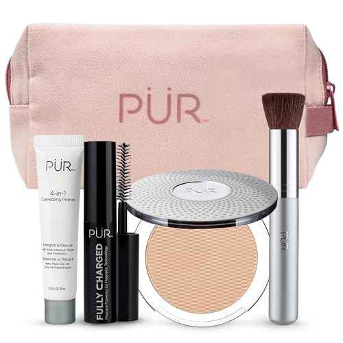 P?R Minerals Multitasking Essentials Kit - Makeup Gift Set Includes 4-in-1 Correcting Primer, Fully Charged Mascara, 4-in-1 Pressed Mineral Powder & 1 Chisel Brush