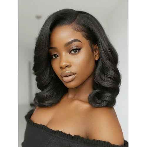 WIGER Short Lace Front Wig Pre Plucked Curly Bob Wig for Women Natural Lace Hairline Loose Wave Synthetic Wig for Daily Party Halloween (Nature Black)