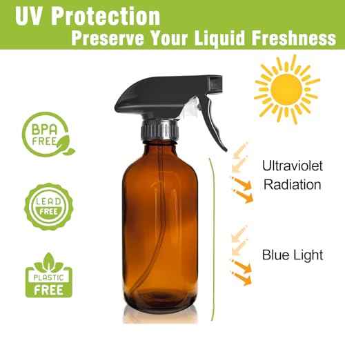 8OZ Amber Glass Spray Bottles - 2 Pack - Empty Refillable Bottle for Essential Oils, Plants, Cleaning Solutions, Hair Mister - Durable Nozzle w/Fine Mist and Stream Setting