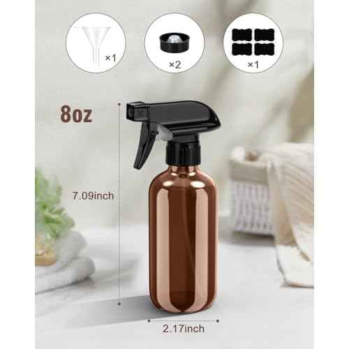 Glass Spray Bottle, Amber Glass Spray Bottle Set & Accessories Refillable for Plants Window Cleaners Aromatherapy Facial Hydration Watering Flowers Hair Care (2 Pack/8 oz) (Amber)