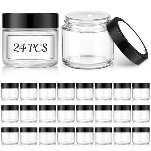 Bumobum 2 oz Small Glass Jars with Lids, 24 Pack Clear Glass Cosmetic Jars with Inner Liners, 60ml Round Empty Sample Containers for Cream, Salve, Powders and Ointments Storage