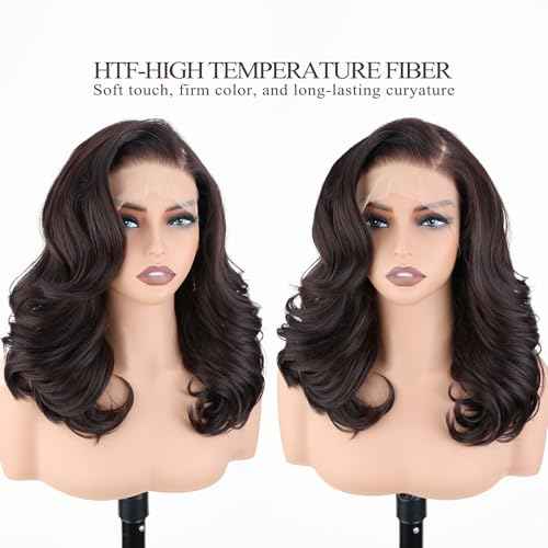 SISgrace Brown 13¡¿6 HD Lace Front Wigs Synthetic Glueless Pre Layered Brown Roots Body Wave Wigs for Women Pre Plucked 18 Inch Tiny Knots Lace Natural Hairline Bob Wig