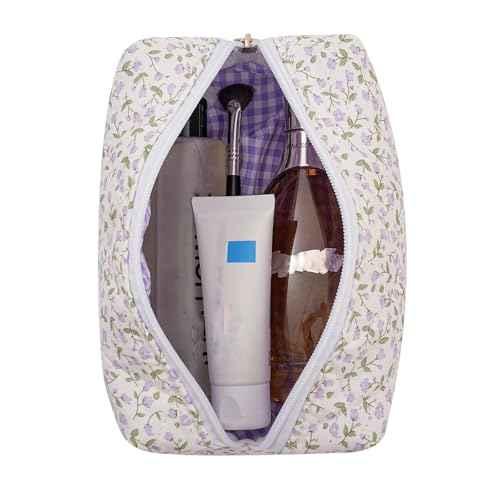 Makeup Bag Travel Cosmetic Bag for Women Girls, Zipper Make Up Pouch, Floral Flowers Toiletry Organizer Makeup, Portable Storage Cosmetic Travel Cloth Bag (Purple Floral)