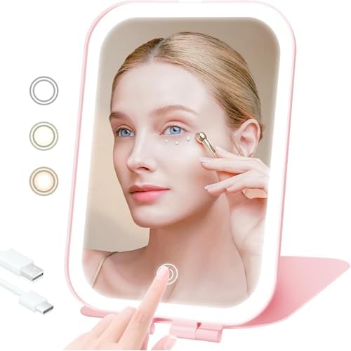 Travel Makeup Mirror, Portable Mirror with 3 Adjustable Light Settings, USB-Rechargeable Vanity Mirror with Lights£¬Gift for Women and Girls (Pink)