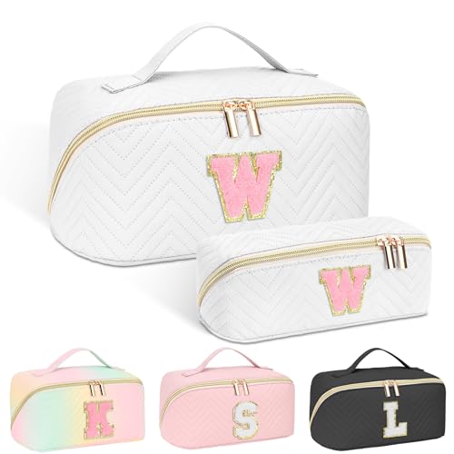 Travel Makeup Bag, Personalized Make Up Gift Cosmetic Bag for Women, Initials Wide-open Makeup Pouch Organizer Bag for Girls, Roomy Makeup Travel Bags - White W