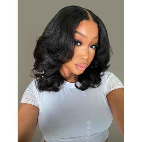 Wiggins Hair Body Wave Bob Wig Human Hair 4x7 Lace Front Wigs Human Hair Pre Cut Lace Ready to Wear Glueless Wig Human Hair Body Bob Wig For Women Pre-Bleached Knots & Adjustable Straps 12 Inch