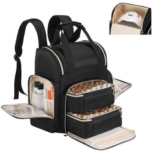 Hautton Nail Polish Organizer Holds 84 Bottles & Lamp, Extra Large Nail Kit Supplies Storage Bag with 2 individual drawers, Portable Nail Organizers Travel Case for Manicurist -Black