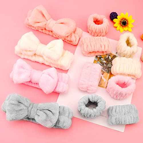 12PCS Microfiber Makeup Headbands and Wristbands Set for Women & Girls - Soft Elastic Bow Headbands with Highly Absorbent Wristbands for Face Washing, Shower, Skincare & Gifts