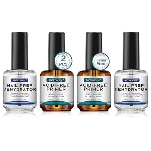 Morovan Nail Prep Dehydrator and Primer, Natural 4 PCS Dehydrator & Acid-Free Bond Primer for Acrylic Powder U V Extension Gel Nail Supplies Set