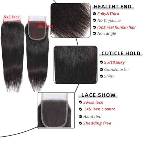 JTMMP Human Hair Bundles with Lace Closure Straight Bundles Human Hair 24 22 20+18 inch 5x5 Lace Closure Straight Human Hair Bundles Deals Human Hair for Woman
