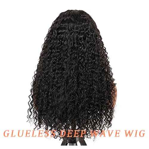 Glueless Wigs Human Hair Pre Plucked Pre Cut 4x4 Lace Closure Deep Wave Wig 180% Density Wear and Go Human Hair Curly Wigs for Black Women Natural Black Color with Baby Hair Small Head Friendly 28Inch