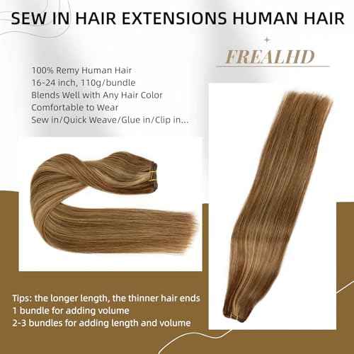 Sew in Hair Extensions Real Human Hair, 110g 16 inch Medium Brown Highlight Honey Blonde Weft Hair Extensions Remy Straight Weave Bundles