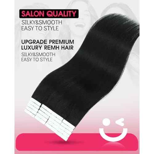 Youngsmile Injection Tape in Hair Extensions Real Human Hair, #1 Jet Black 14 Inch Invisible Edge Tape in Injected Hair Extensions, 20pcs 30g, Straight Remy Virgin Human Hair Tape ins (#1,14'')