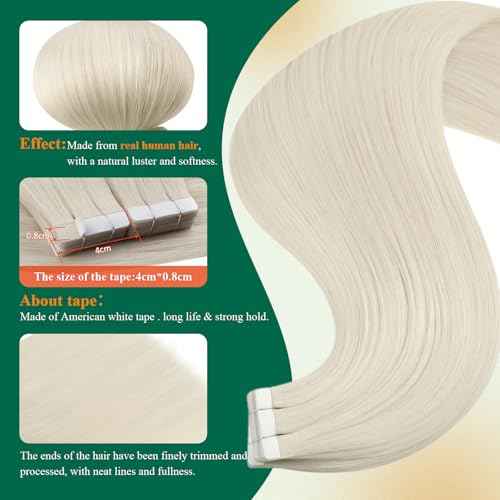 Easyouth 24 Inch Blonde Tape in Hair Extensions Remy Human Hair Tape in Extensions White Blonde Tapes Hair Extension Real Human Hair for Long Straight Hair 20Pcs 50G