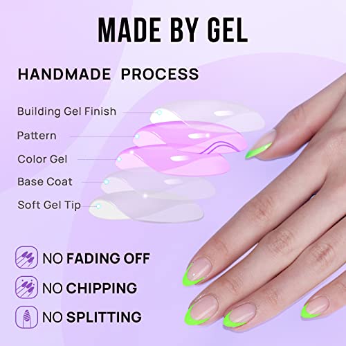 BTArtbox French Tip Press On Nails - Neow Green Press On Nails Short for St. Patrick's Day Gifts, Almond Stick On Nails, Glue On Nails in 16 Sizes - 30 Pcs Soft Gel Fake Nails Kit, Green French