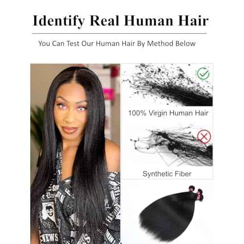 KLAIYI Yaki Straight Bundles Human Hair Weaves Unprocessed Real Virgin Hair Sew In Extensions 3 Bundles 10 12 14Inch, 12A Kinky Straight Double Wefts for Women Cllip In Light Yaki Natural Black Color