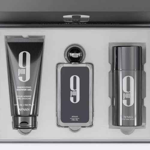 Afnan 9 Pm 3 Piece Set for Men, (3.4 Oz De Parfum Eau De Parfum Spray + 5.0 Oz Shower Gel + 5.0 Oz Perfume Deodorant)