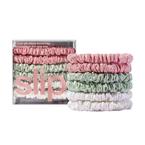 Bellerose Silk Skinny Scrunchies - 100% 22 Momme Mulberry Silk Hair-Friendly Elastic Set (6 Luxurious Scrunchies for Women)